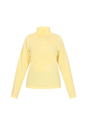 Geel fleece sweatshirt met een halve rits, lange mouwen en een hoge kraag. Gladde textuur met een eenvoudige uitstraling, geschikt voor het dragen in lagen.