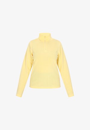 Gul fleece-pullover med halv lynlås, lange ærmer og høj krave. Glat tekstur med et enkelt design, velegnet til lagdeling.