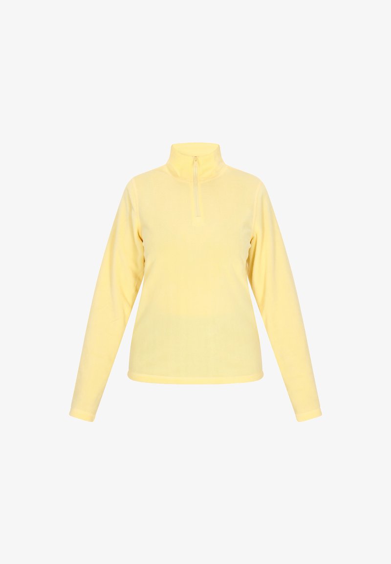 Pullover in pile giallo con mezza zip, maniche lunghe e colletto alto. Tessuto morbido con design semplice, adatto per essere indossato a strati.