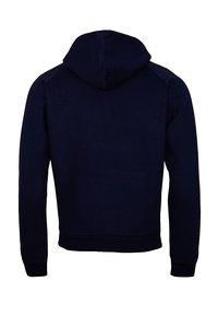 Tmavě modrá mikina s kapucí zobrazená zezadu, s dlouhými rukávy a pružnými manžetami a lemem.