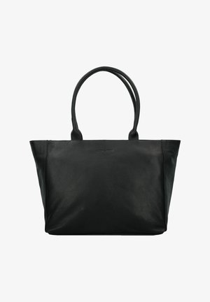 Zwarte leren tote-bag met een gladde textuur, ronde handvatten en een ruime indeling. Minimalistische stijl zonder zichtbare hardware of versieringen.