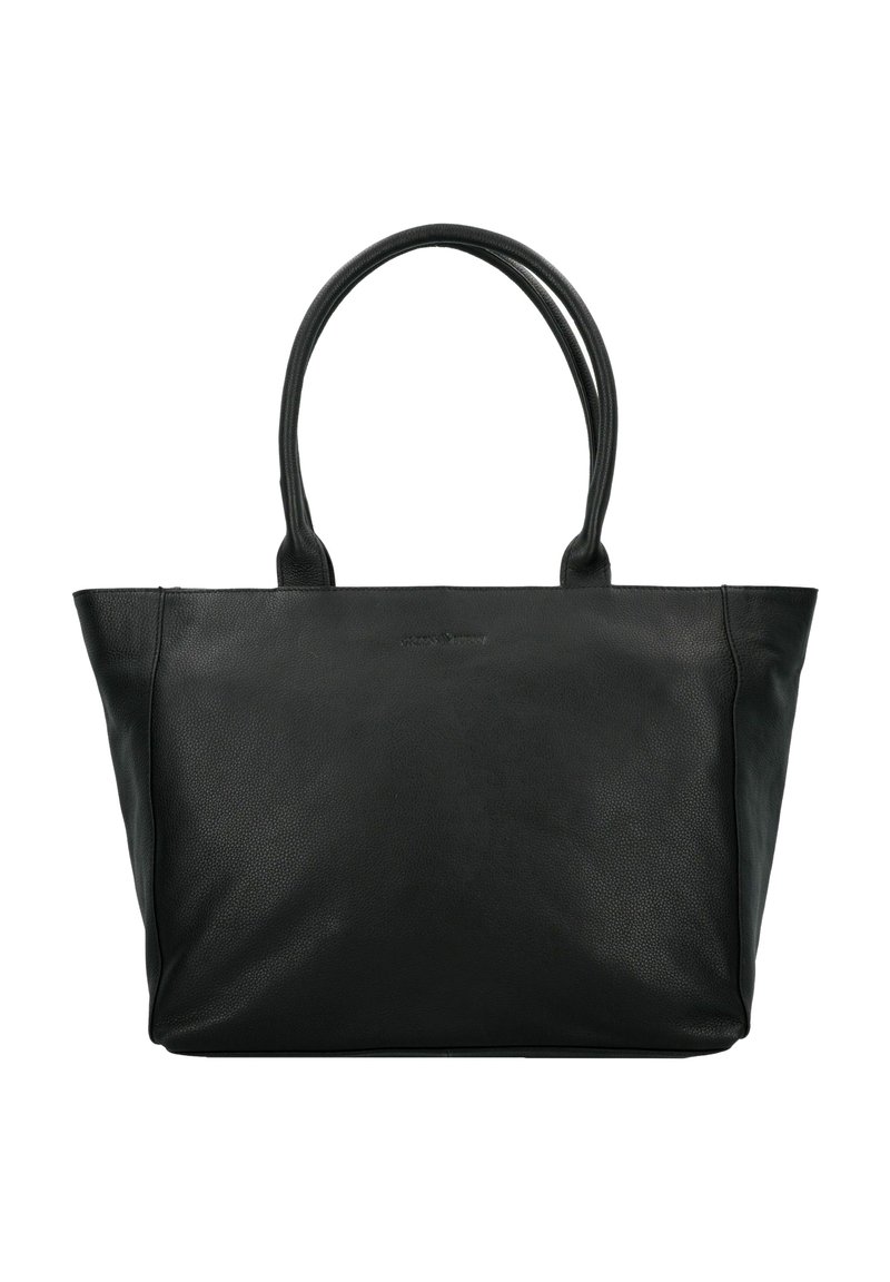 Schwarze Ledertasche mit glatter Oberfläche, runden Griffen und großzügigem Design. Minimalistischer Stil ohne sichtbare Beschläge oder Verzierungen.