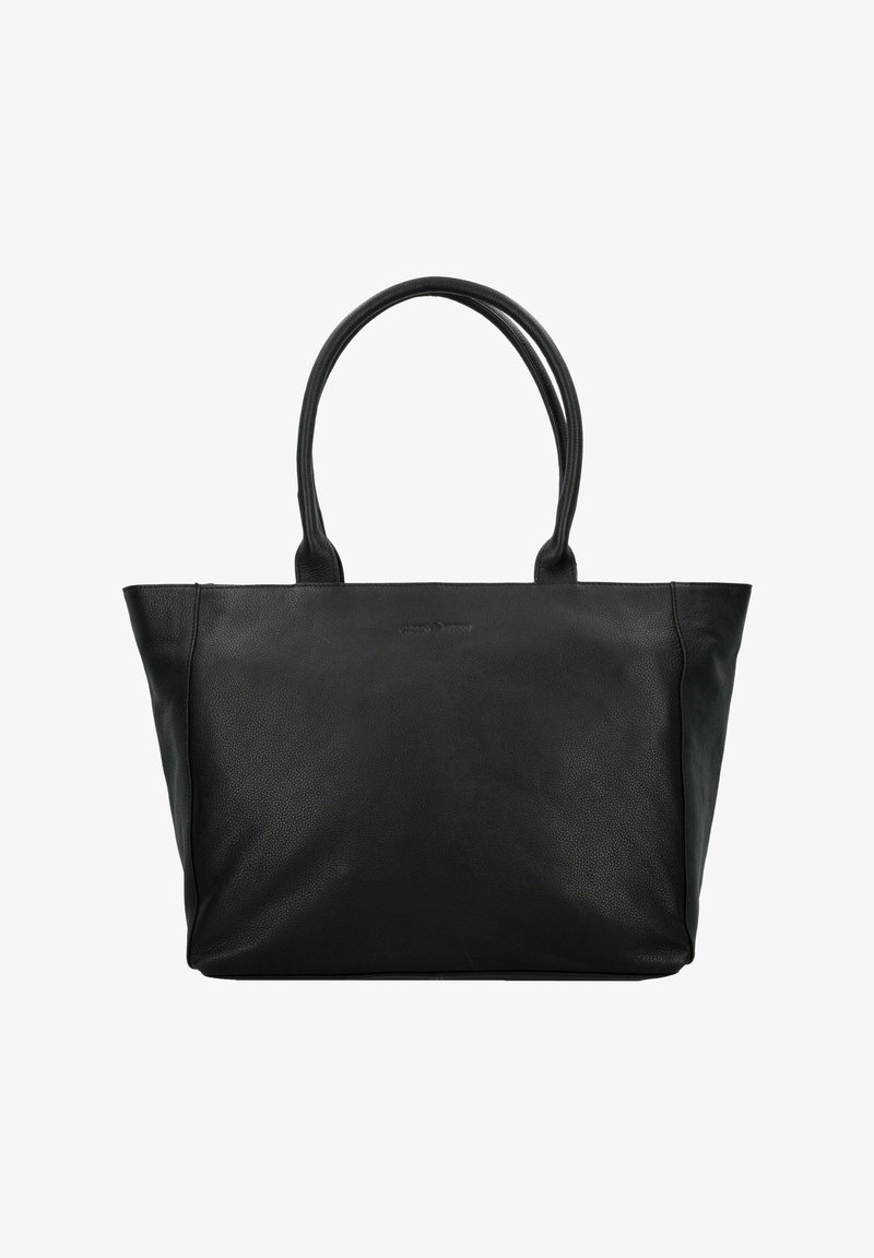 Schwarze Ledertasche mit glatter Oberfläche, runden Griffen und großzügigem Design. Minimalistischer Stil ohne sichtbare Beschläge oder Verzierungen.