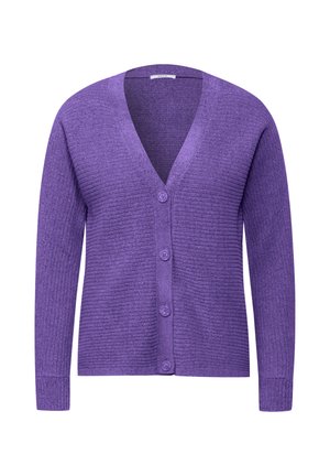 Paarse geribde cardigan met een V-hals, uitgerust met vijf knoopsluitingen aan de voorkant en lange mouwen. Zachte textuur met een fitted design.