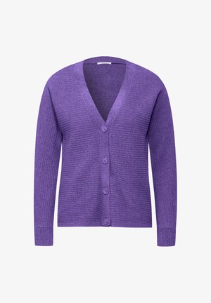 Lila gerippter Cardigan mit V-Ausschnitt, ausgestattet mit fünf Knopfverschlüssen auf der Vorderseite und langen Ärmeln. Weicher Stoff mit einer figurbetonten Passform.