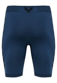 Pantaloni atletici blu scuro realizzati in materiale elastico, con un cinturino rigato in vita e dettagli laterali con motivi neri.