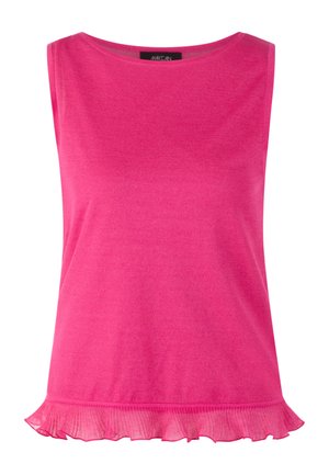 Hellrosa ärmelloses Oberteil mit rundem Ausschnitt und Rüschensaum, aus leichtem Stoff.