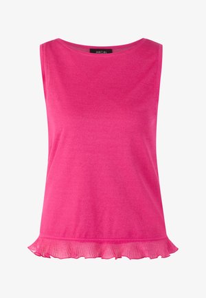 Hellrosa ärmelloses Oberteil mit rundem Ausschnitt und Rüschensaum, aus leichtem Stoff.