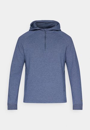 Blue hooded pullover with a half-zip front, long raglan sleeves, and ribbed cuffs. Made from a textured, lightweight fabric.