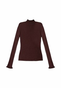 Suéter de cuello alto de punto acanalado en color burdeos con mangas largas y puños con volantes, con un diseño ajustado. Textura suave, sin herrajes visibles.