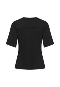 Top nero a maniche corte con collo rotondo e orlo sagomato, visto da dietro. Tessuto liscio con minimalismi nei dettagli.