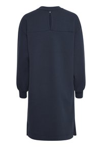 Navyblaues, oversized Sweatshirtkleid mit langen Ärmeln, Schlüssel/detailsloch hinten, seitlichen Schlitzen am Saum und weichem, strukturiertem Stoff.