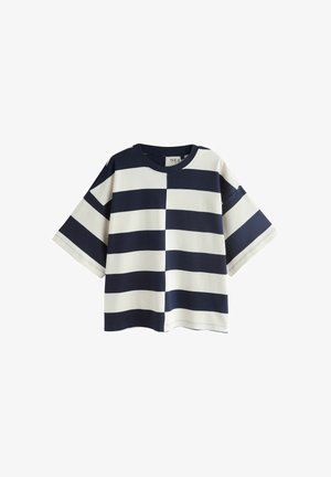 Navyblauw-wit horizontaal gestreept T-shirt met korte mouwen, een ronde hals en een losse pasvorm op een witte achtergrond.