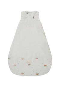 Baumwollschlafsack mit cremefarbener Oberfläche, seitlichem Reißverschluss und Stickerei eines mintgrünen Fuchses. Der Boden zeigt bunte Tropfenmuster und Fischillustrationen.