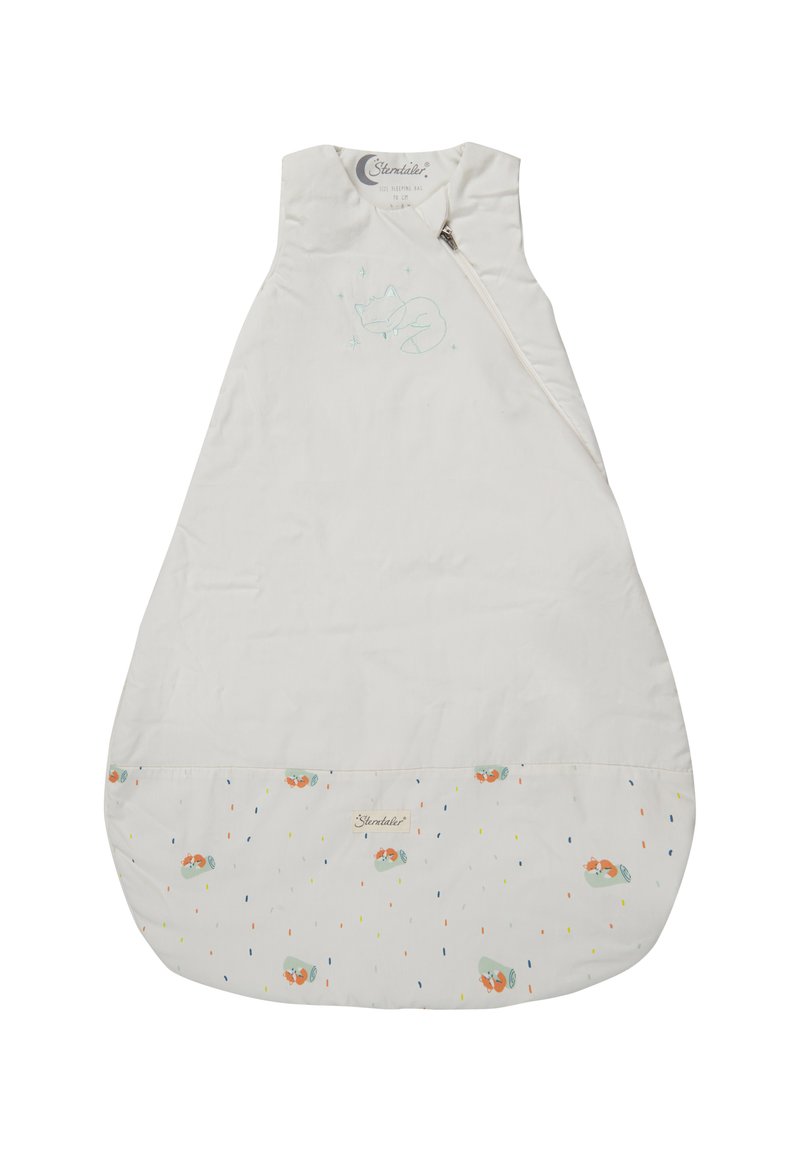 Baumwollschlafsack mit cremefarbener Oberfläche, seitlichem Reißverschluss und Stickerei eines mintgrünen Fuchses. Der Boden zeigt bunte Tropfenmuster und Fischillustrationen.