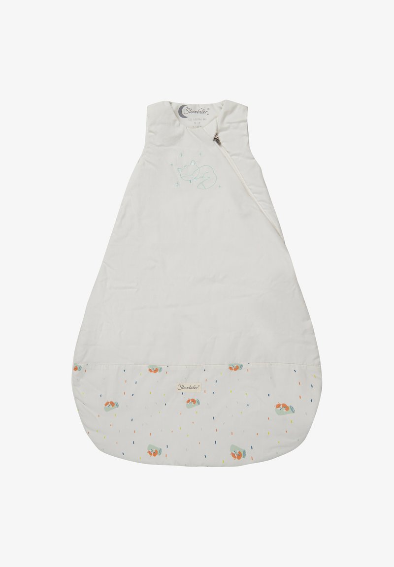 Baumwollschlafsack mit cremefarbener Oberfläche, seitlichem Reißverschluss und Stickerei eines mintgrünen Fuchses. Der Boden zeigt bunte Tropfenmuster und Fischillustrationen.