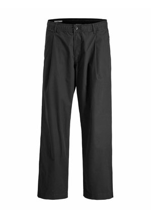Pantalons noirs à jambes larges en tissu léger avec une texture lisse, dotés d'une taille élastique et d'un unique bouton à l'avant.