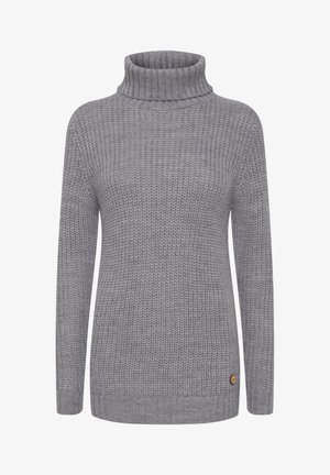 Szary sweter dzianinowy z wysokim golfem, długimi rękawami i ściągaczami. Posiada teksturowany wzór oraz mały logo na dolnej krawędzi.