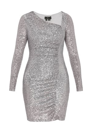 Zilveren paillettenjurk met lange mouwen, nauwsluitend silhouet, geplooide details, ronde halslijn en een gladde voering aan de binnenkant.