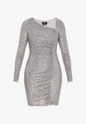 Zilveren paillettenjurk met lange mouwen, nauwsluitend silhouet, geplooide details, ronde halslijn en een gladde voering aan de binnenkant.