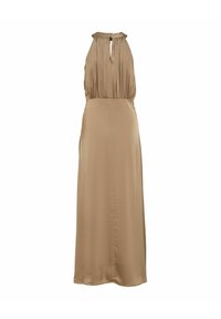 Robe maxi beige à col licou avec un détail en trou de serrure à l'arrière, dotée d'une taille froncée et d'un tissu lisse et fluide.