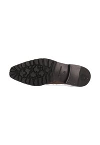Suola di scarpa elegante in pelle marrone con battistrada in gomma nera testurizzata e taglia 41 impressa sul tacco.