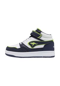 High-top sneaker in white, navy, and lime green. Features suede accents, a velcro strap, and perforated toe. Textured rubber sole.