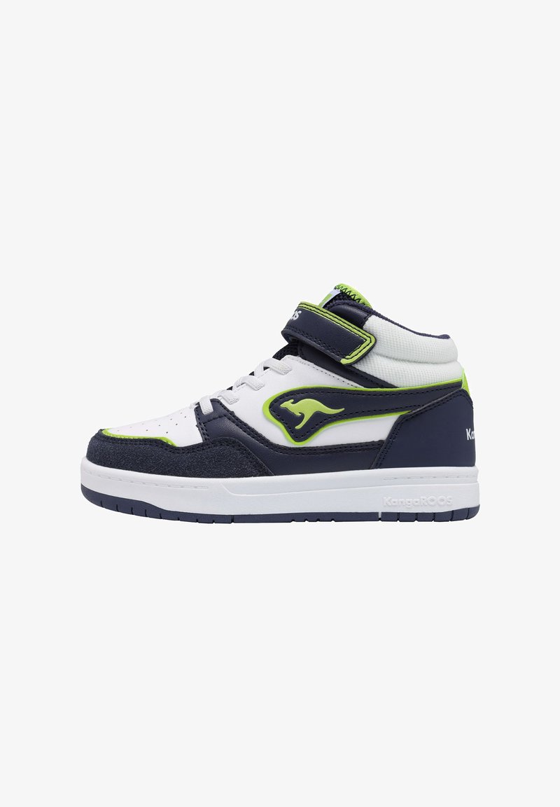 High-top sneaker in white, navy, and lime green. Features suede accents, a velcro strap, and perforated toe. Textured rubber sole.