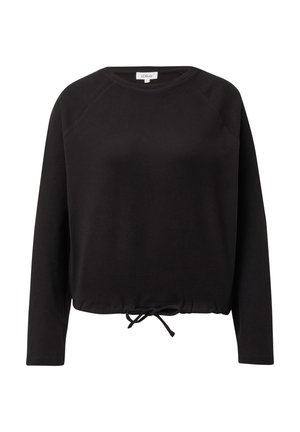 Sweat-shirt noir court avec manches longues raglan, ourlet à cordon de serrage et texture de tissu douce. Design simple sans motifs ni accents supplémentaires.