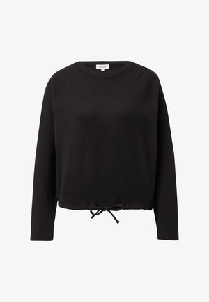 Zwarte cropped sweatshirt met lange raglanmouwen, tunnelkoordzoom en zachte stoftextuur. Eenvoudig ontwerp zonder extra patronen of accenten.