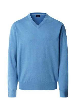 Lichtblauwe V-hals trui met lange mouwen, geribbelde manchetten en zoom, met het label Hackett London aan de binnenkant van de kraag.