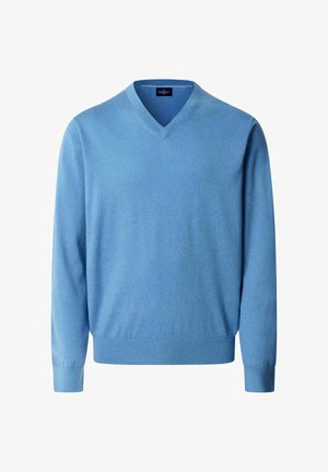 Svetlomodrý sveter s výstrihom do V na dlhé rukávy s rebrovanými manžetami a lemom, s nápisom Hackett London vo vnútri goliera.