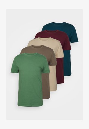 Set of five crew-neck t-shirts in green, brown, beige, burgundy, and dark teal, featuring short sleeves and a soft cotton texture.