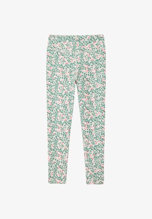 Leggings with a dense green leaf and small pink flower pattern on a light background, featuring a wide waistband.