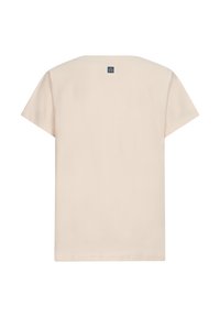 Beige katoenen t-shirt met korte mouwen, een ronde hals en een klein logo-label op de achterkant. Eenvoudige, gladde textuur en een ontspannen pasvorm.