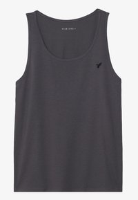 Gray cotton tank top with a rounded neckline and subtle embroidered logo on the front. Classic design with no additional patterns or accents.
