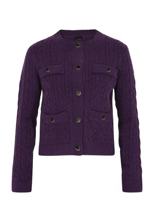 Cardigan tricotat violet cu un model texturat, decolteu rotund, buzunare frontale și nasturi în ton de aur. Design potrivit, cu mâneci lungi.