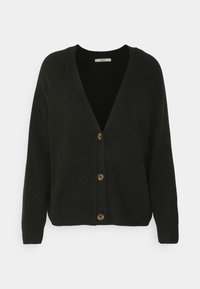 Czarny kardigan z dekoltem w kształcie litery V, długimi raglanowymi rękawami, pięcioma brązowymi guzikami oraz teksturowanym dzianinowym materia�łem. Prosty, luźny krój.