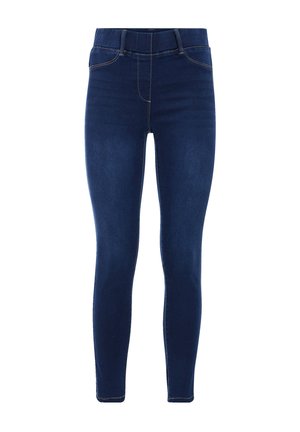 Leggings in denim blu scuro con una texture liscia, vita alta e una semplice cucitura lungo le cuciture. Senza tasche né decorazioni.