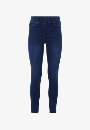 Donkerblauwe denim leggings met een gladde textuur, hoge tailleband en eenvoudige stiksels langs de naden. Geen zakken of versieringen.
