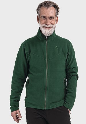 Green, zip-up fleece jacket with a high collar, featuring two side pockets, tailored fit, and subtle stitching details.