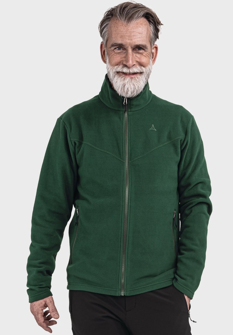 Grüne, Reißverschluss-Fleecejacke mit hohem Kragen, zwei seitlichen Taschen, taillierter Passform und dezenten Nähdetails.