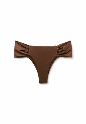 Brązowy dół bikini z poduszkowymi bocznymi panelami, gładką teksturą i wyraźnym krojem, który zapewnia nowoczesny wygląd stroju kąpielowego.