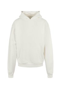 White cotton pullover hoodie with a front pocket, drawstring hood, and ribbed cuffs. Soft texture and relaxed fit.