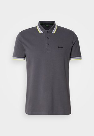 Polo grigio in cotone con apertura a tre bottoni, caratterizzato da accenti a strisce gialle e bianche a contrasto sul colletto e sulle maniche.