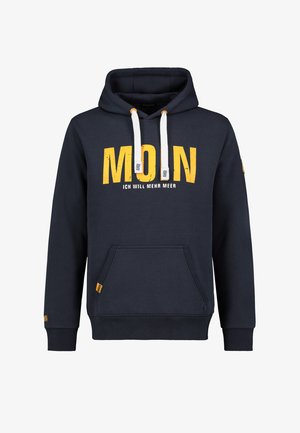 Navy blue hoodie with a front pocket, yellow text reading "MOIN" and "ICH WILL MEHR MEER," featuring white drawstrings and ribbed cuffs.