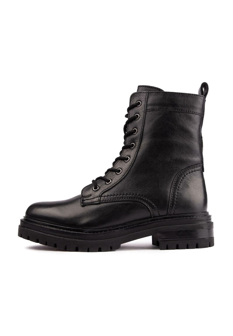 Black leather ankle boots with a round toe, lace-up front, padded collar, and textured side panel. Durable rubber sole with treading.