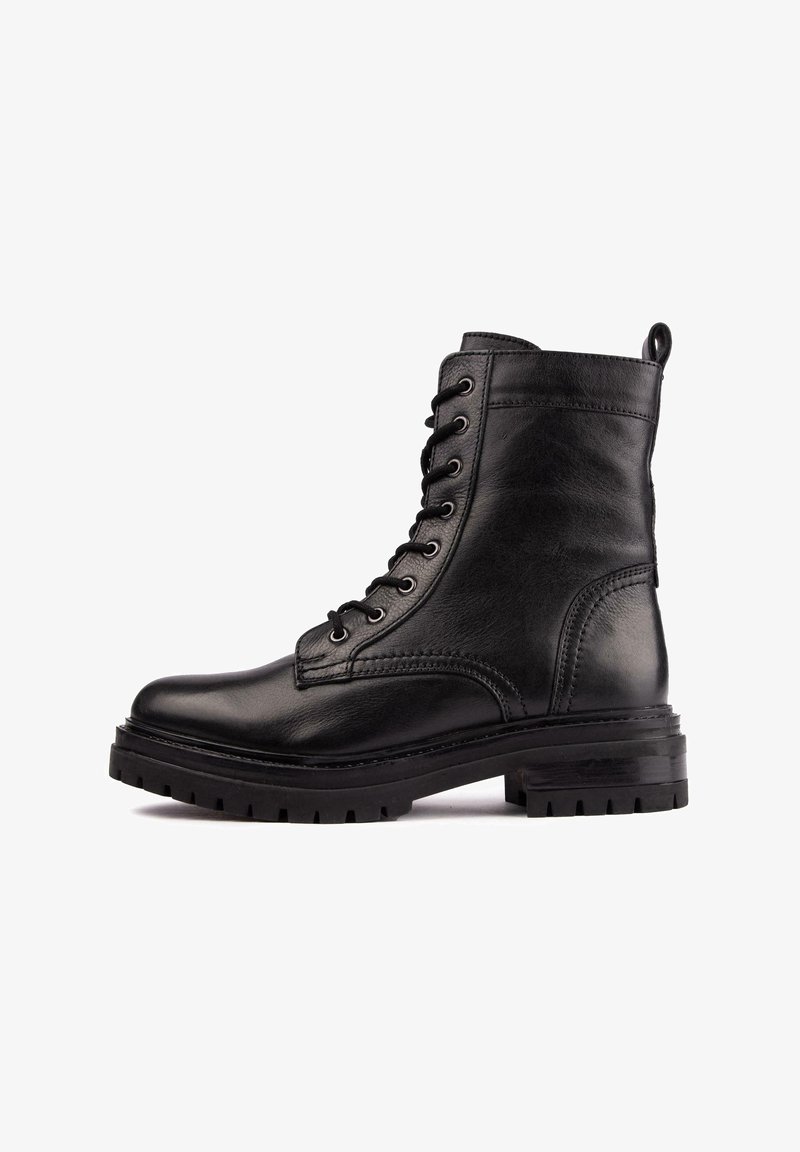 Black leather ankle boots with a round toe, lace-up front, padded collar, and textured side panel. Durable rubber sole with treading.