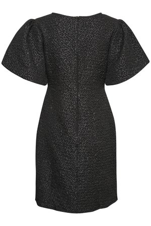 Must mustriga, tekstuuriga kangast, puhväravatega, ümmarguse kaelusega ja tagumine tõmblukk. Sobib ametlikeks või poolametlikeks üritusteks.