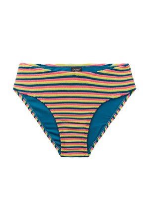 Damesbikinibroekje met gestructureerde horizontale strepen in roze, geel, groen en blauw, met een "protest" label aan de tailleband.